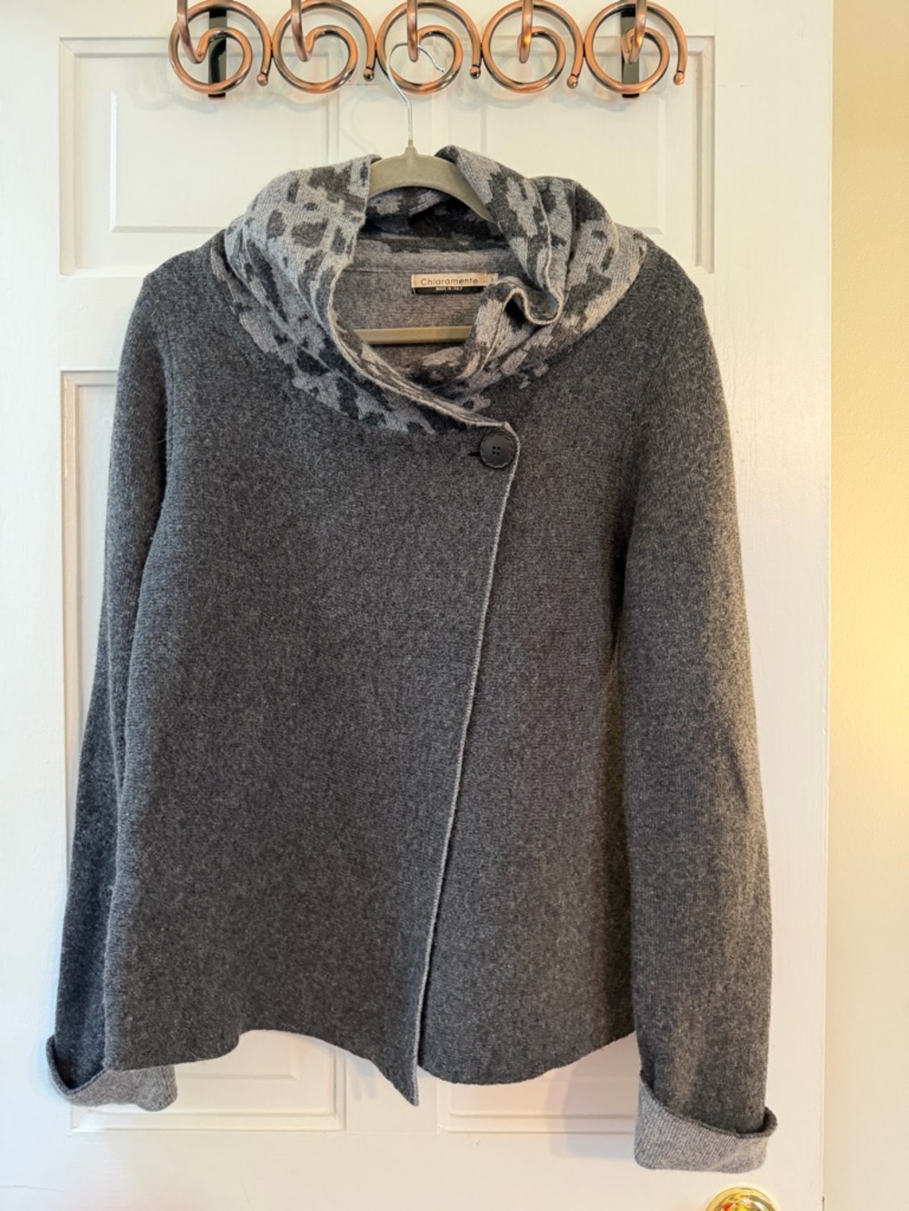 Chiaramente Made in Italy Gray Wool Blend Cowl Neck Sweater Leopard Accent L